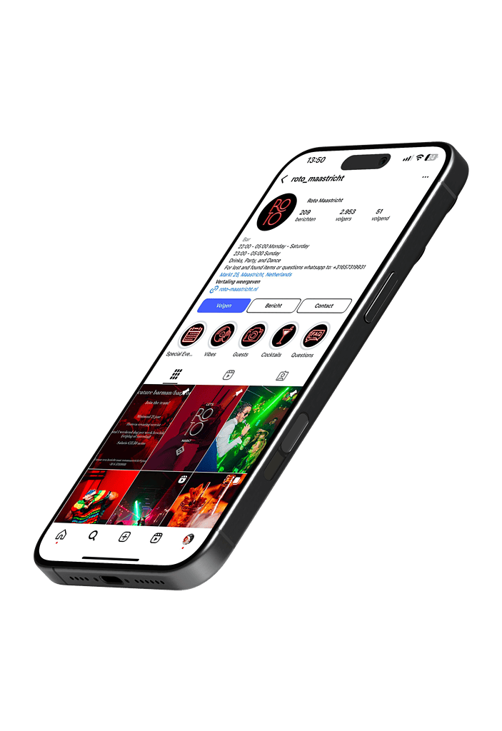 Weergave van het Instagram-profiel van ROTO Maastricht op een iPhone, met verschillende kleurrijke foto's van evenementen en het logo van ROTO.