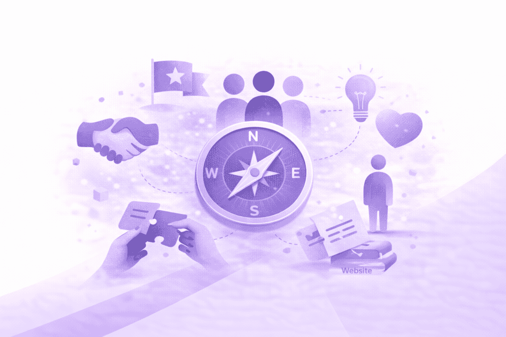 Illustratie met compass, handen, mensen en symbolen voor strategie en communicatie.