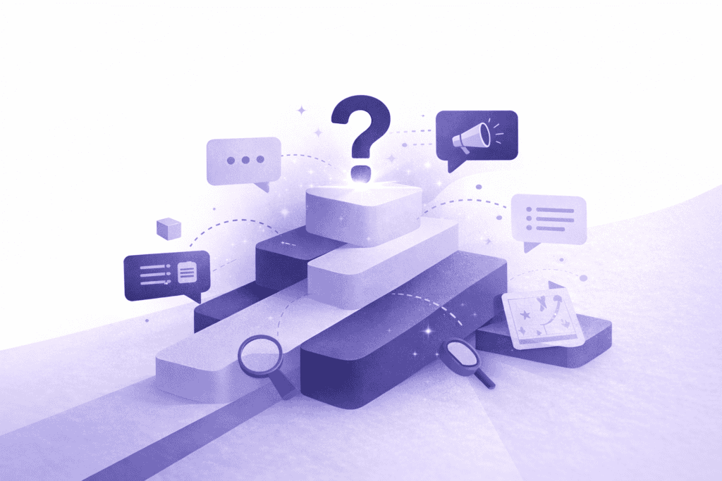 Abstracte 3D-illustratie met stappen, zoek- en communicatie-iconen en vraagteken.