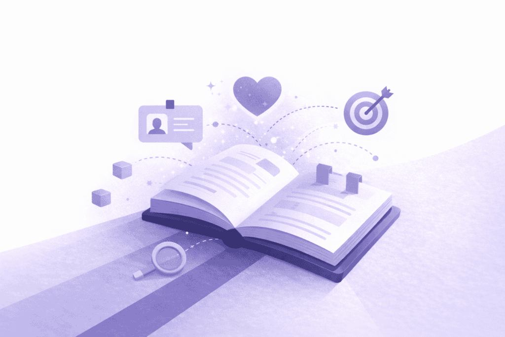 Open boek met digitale iconen voor communicatie en doelstellingen.