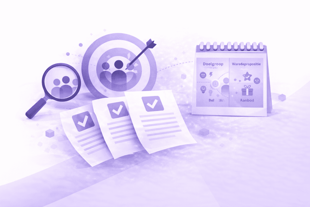 Analyse van doelgroep en positionering met documenten en diagrammen.