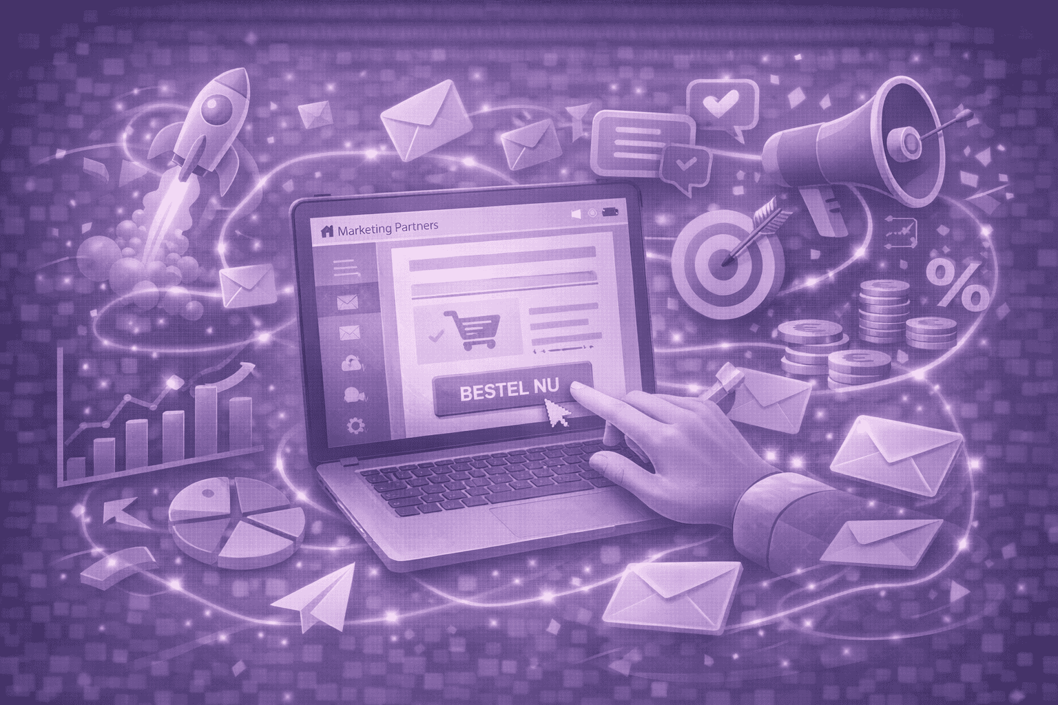 Online marketing en e-commerce met laptop, grafieken en communicatie-iconen.