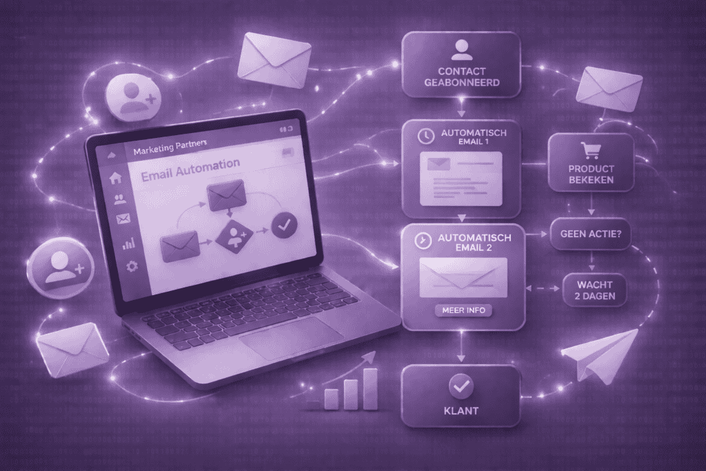 Illustratie van e-mailautomatisering en contactbeheer met digitale iconen en laptop.