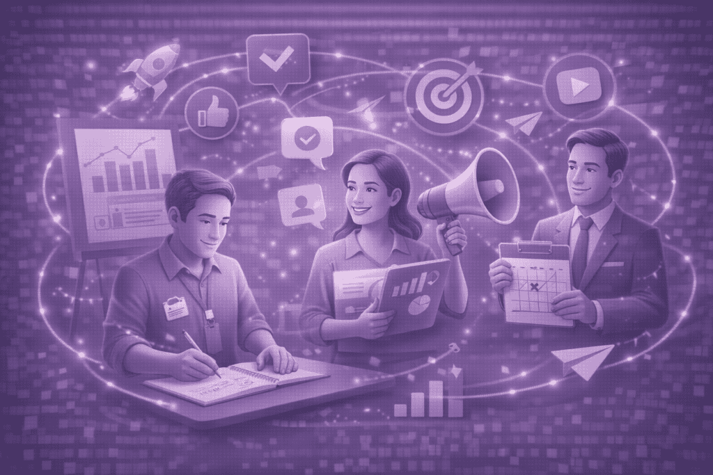 Drie mensen bespreken marketingstrategie met digitale iconen en grafieken.