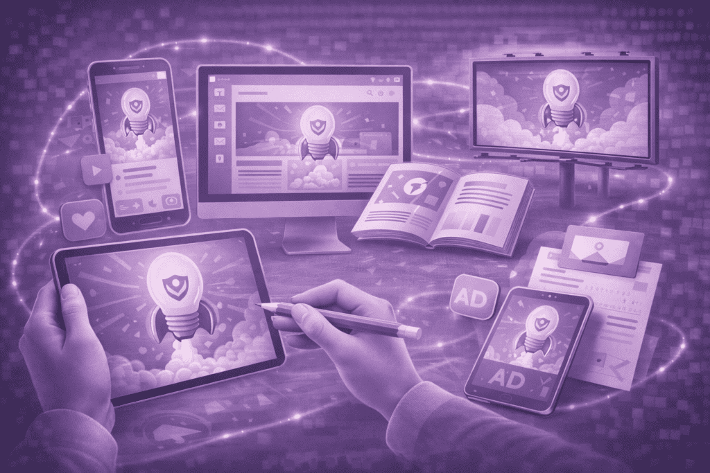 Digitale marketing en contentcreatie met meerdere apparaten en media.