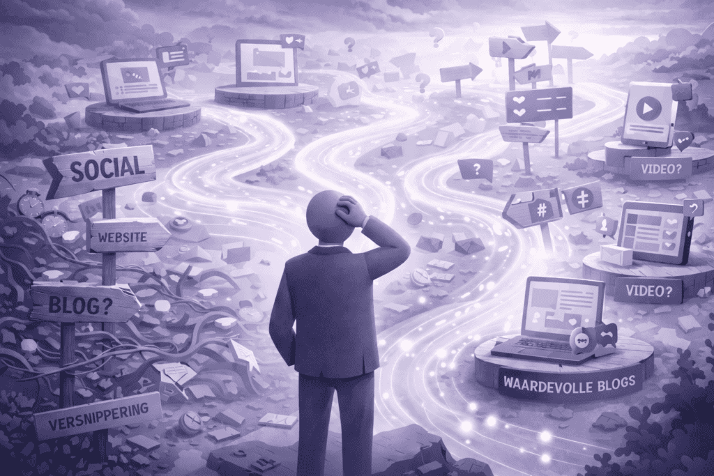 Man kijkt naar digitale marketing- en social media-iconen en paden in een fantasierijke omgeving.