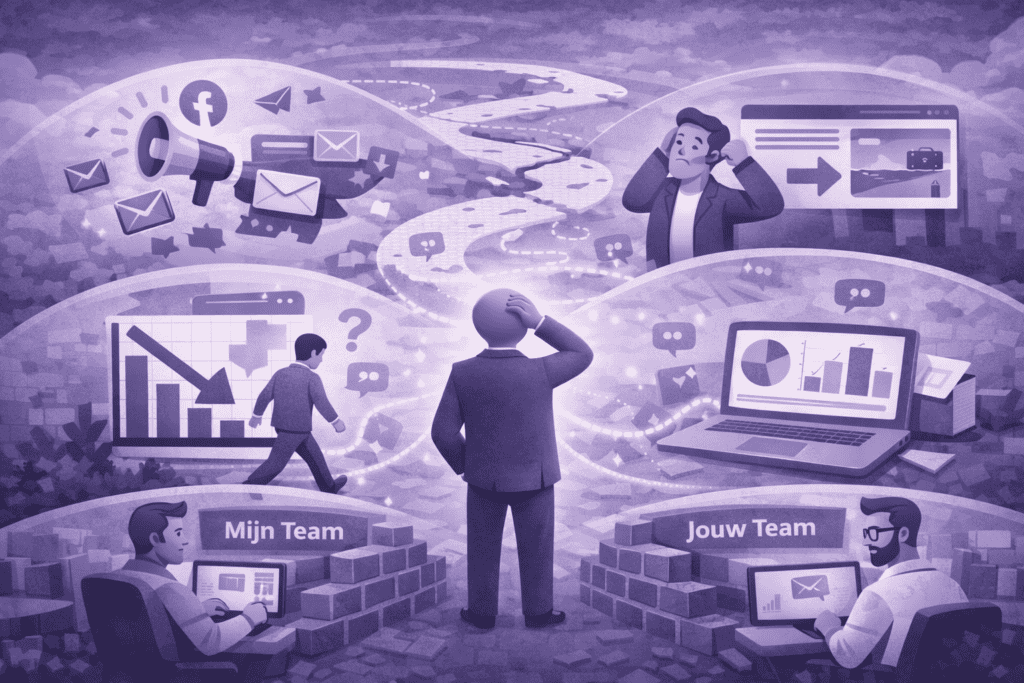 Strategisch overleg over communicatie en marketing met teamleden en grafieken.