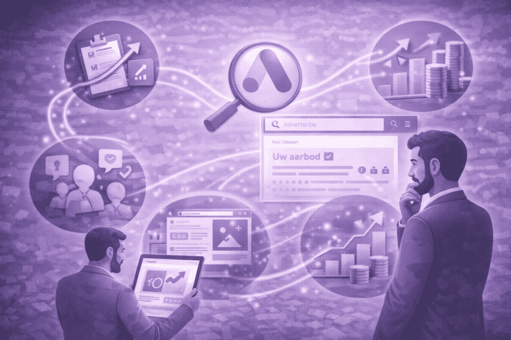 Zakelijke analyse met grafieken, zoekmachine en digitale marketing iconen.