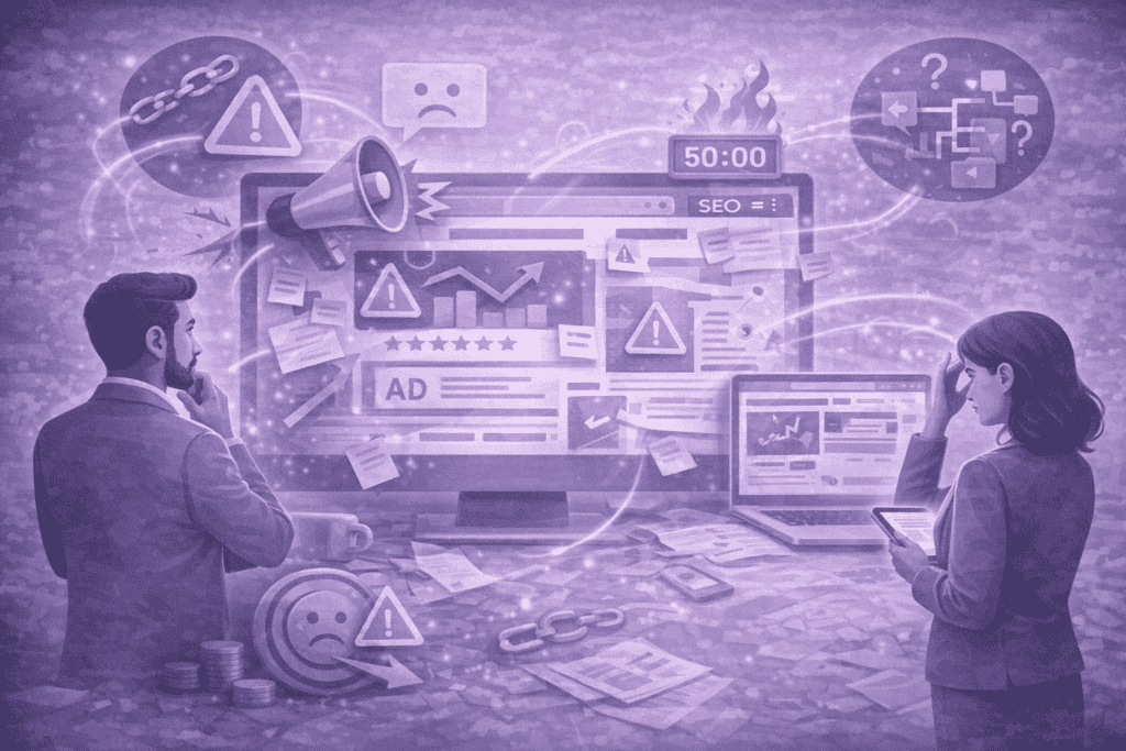 Twee mensen bekijken digitale marketing- en SEO-analyses op schermen in een kantooromgeving.