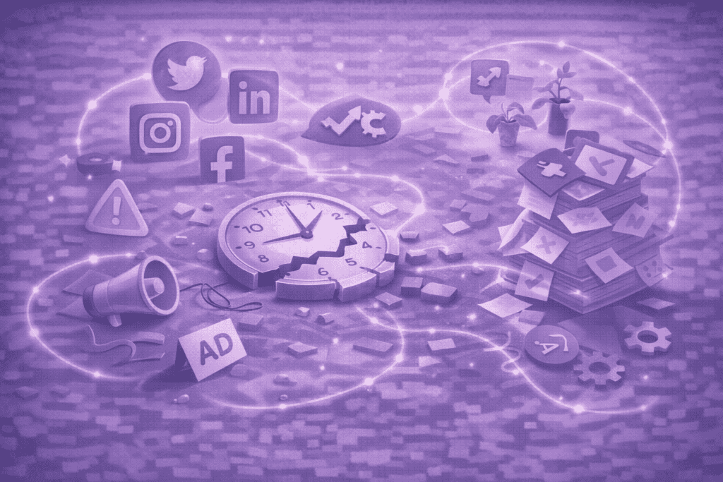 Social media iconen, klok, en marketing-symbolen op een digitale achtergrond.
