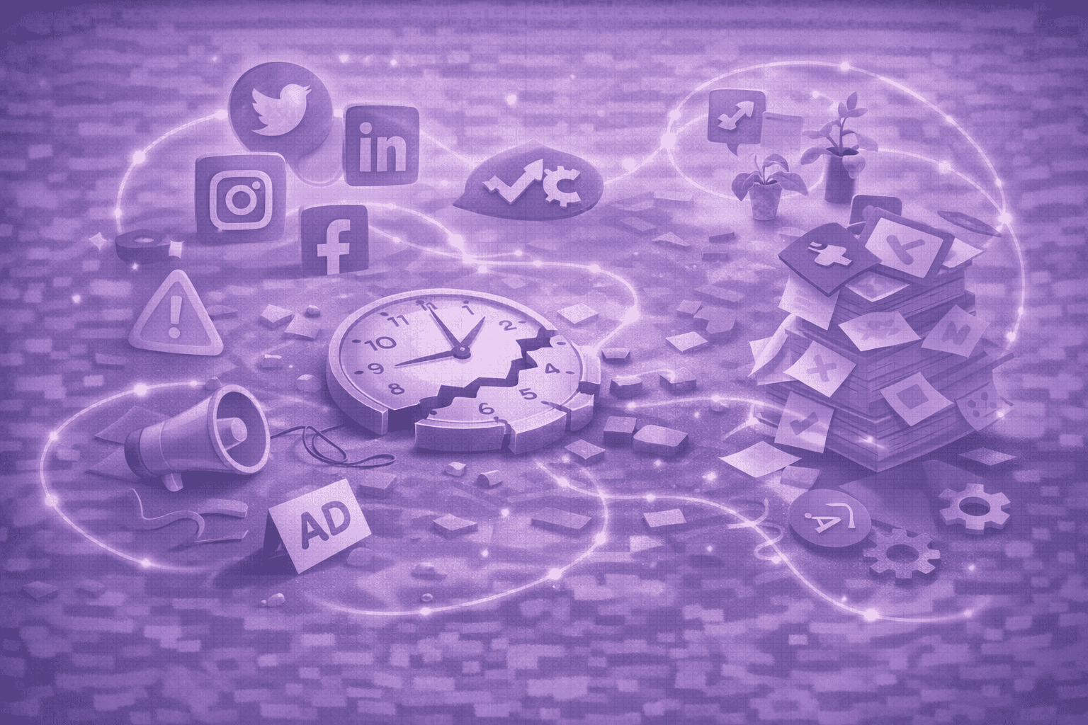 Social media iconen, klok, en marketing-symbolen op een digitale achtergrond.