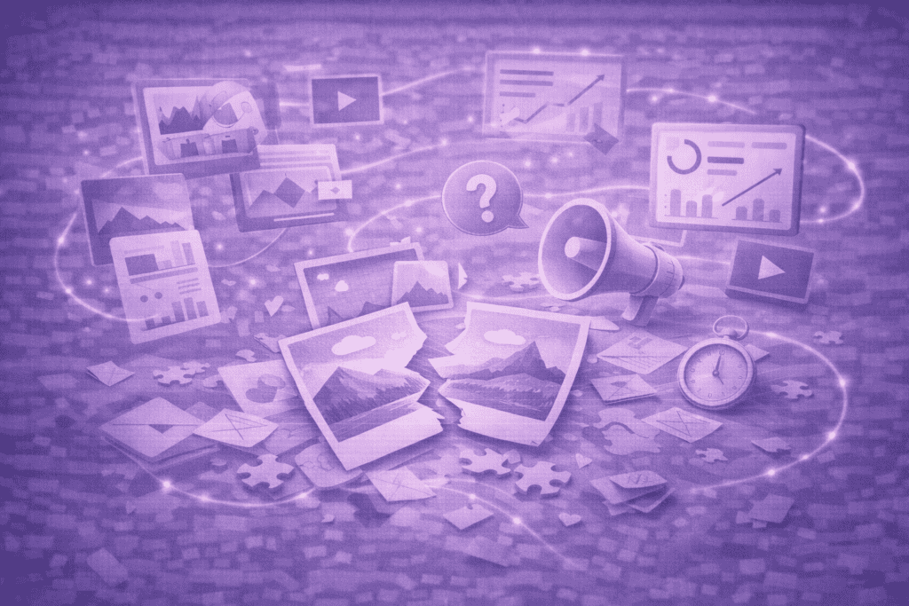 Virtuele analyse van marketing- en merkstrategieën met grafieken en pictogrammen.